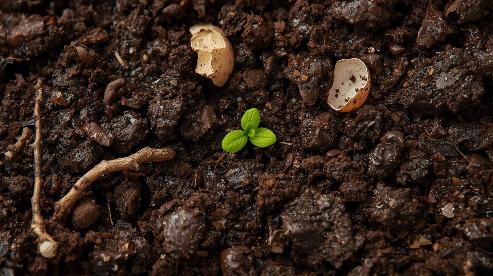 Çok yakından çekilmiş (makro), koyu renkli, ufalanan, nemli kompost toprağı. İçinde henüz tam ayrışmamış minik bir dal parçası veya yumurta kabuğu kırıntısı seçilebilir (doğallığı gösterir). Toprağın tam ortasından taptaze, yemyeşil küçük bir filiz baş vermiş.