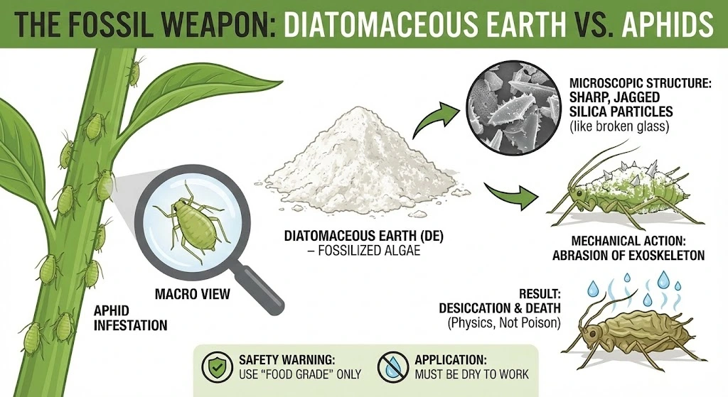 Diatomaceous earth kills aphids effectively.