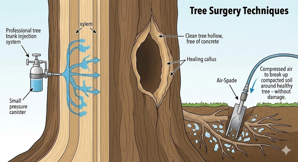 Illustration of tree surgery techniques.