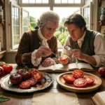 "Two 18th-century botanists carefully examining sliced tomatoes on a pewter plate with a magnifying glass, illustrating the poisonous history of tomatoes."
