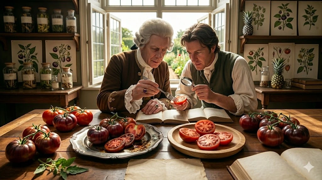 "Two 18th-century botanists carefully examining sliced tomatoes on a pewter plate with a magnifying glass, illustrating the poisonous history of tomatoes."