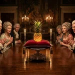 "18th-century aristocrats in powdered wigs admiring a luxury pineapple centerpiece, illustrating the bizarre history of rented pineapples as a status symbol."