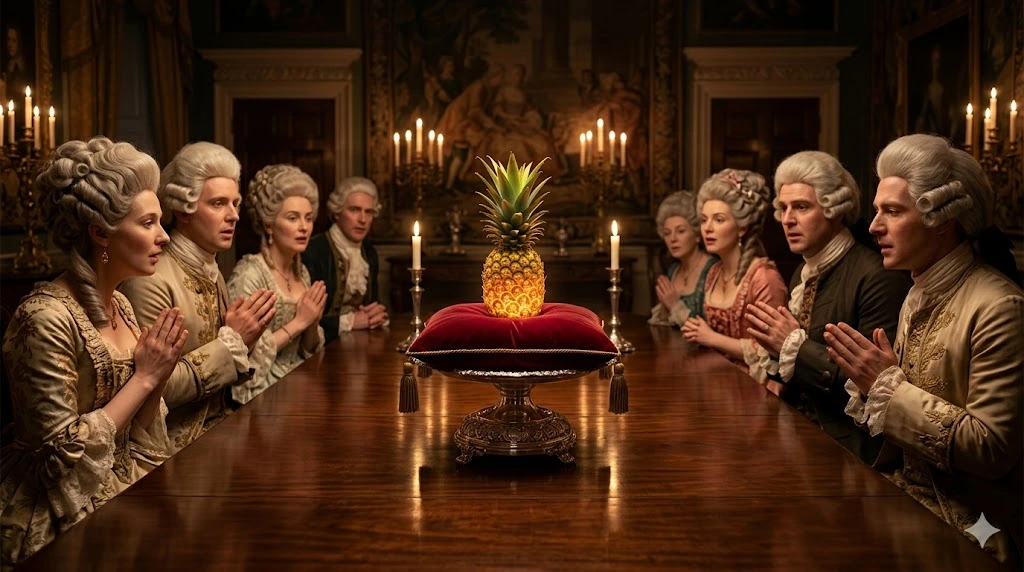 "18th-century aristocrats in powdered wigs admiring a luxury pineapple centerpiece, illustrating the bizarre history of rented pineapples as a status symbol."